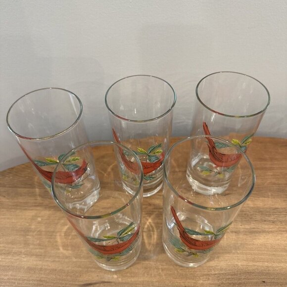 West Virginia Glass Set of 5 Glasses Cardinal Song Bird Painted 6.5 in Tall - Picture 2 of 7